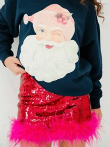 Women Y2K Sequin Feather Skirt Holiday Sparkly Furry Bodycon Mini Skirts Glitter Disco Party Tutu Skirt With Fur Trim - 粉色 - 查看 3