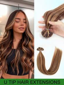 直发U型接发，真人发，角蛋白美甲接发，冷融合接发片，真人发，Remy品质，角蛋白热融合，直发，自然柔顺，黑色、棕色、金色挑染，12-22英寸，每包28-30克，适合所有种族女性，百搭发型 | 自然外观 | 挑染发丝 - 彩色 - 查看 15