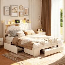 FCSQIU Bett 160x200cm, Polsterbett mit 3 Schubladen, Doppelbett Bettgestell mit Kopfteil und Lattenrost Stauraumbett mit Gepolstertes Kopfteil, für Erwachsene und Jugendliche, Funktionsbett, Samt, Beige - Beige - Übersicht 1