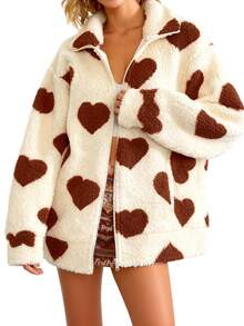 Women's Valentine's Day Heart Jacket Casual Long Sleeve Zip Up Loose Fuzzy Coat - 卡其色 - 查看 3