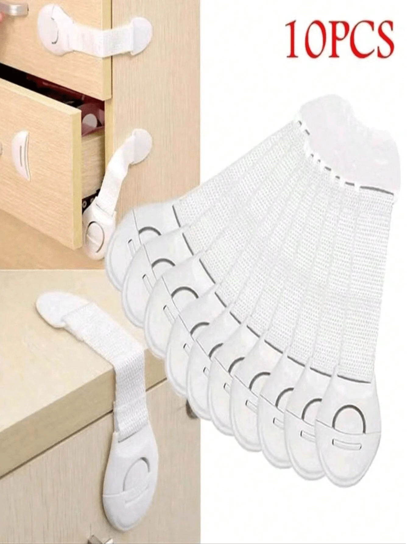 10 piezas Cerraduras blancas para gabinetes, cerraduras de para cajones, previenen el pellizco de los dedos, con diseño de hebilla - Blanco - Ver 1