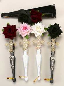 1把复古西班牙折扇，饰有弗拉明戈玫瑰蕾丝，优雅黑色女士手扇，适合女士聚会、婚礼、家居、客厅、办公室装饰，也可用于角色扮演、表演装饰或情人节礼物。 - 彩色 - 查看 2