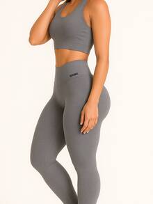 Set Of 2 High-Waisted Leggings With No Transparency - 1 Gray + 1 Wine - View 5