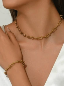 1 Set 316L Stainless Steel Gold Chunky Chain Necklace & Bracelet Women's New Horseshoe Clasp Fashion Jewelry Set, Suitable For Daily Wear - Gold - View 5