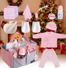 DreamyDolly 8 Pcs Baby Doll Accessories, Reborn Baby Dolls Clothes With Bassinet For Baby Dolls, Outfit Fit Newborn Babies Doll , Babies Pretend Play Set (Not Doll)  Christmas Decoration Christmas Gift - 淺粉色 - 查看 2