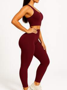 Set Of 2 High-Waisted Leggings With No Transparency - 1 Gray + 1 Wine - View 7