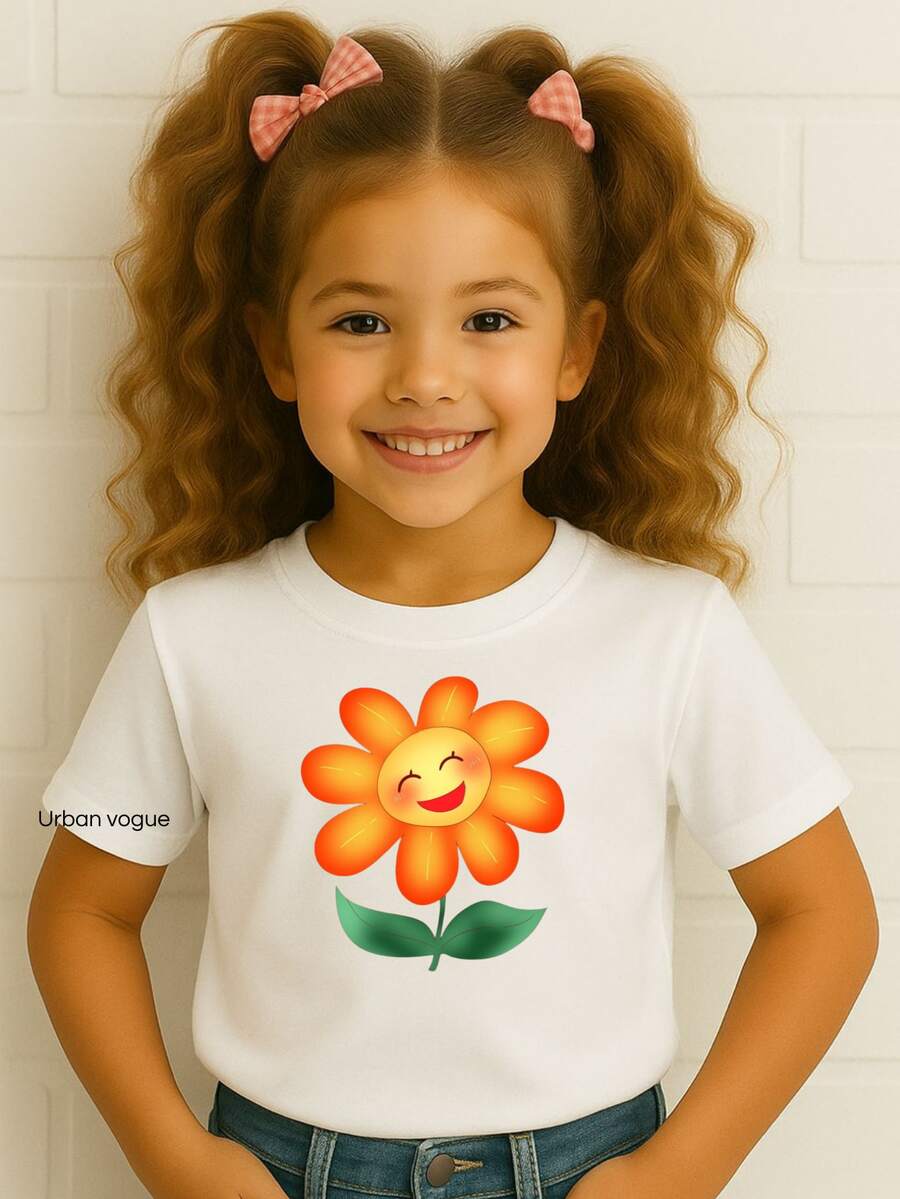 Camiseta Infantil Menina flor sorridente laranja 05 - Branco - Visão 1