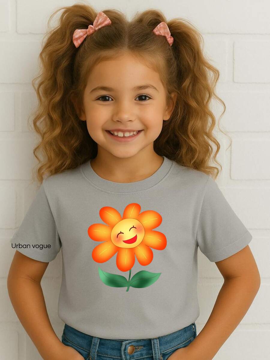 Girls' T-Shirt With Smiling Orange Flower, Size 5. - 灰色 - 查看 1