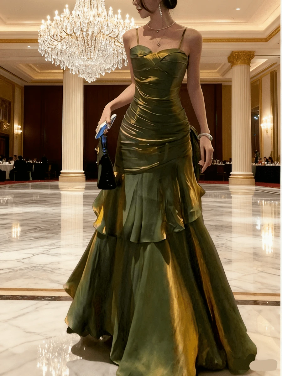 Formal Gowns For Women Evening Elegant,Pearlescent Slim Wait Graduation Party Dress Women Spaghetti Straps Ruffles Wedding Bridesmaid Dresses Festival Formal Clothes - 綠色 - 查看 1