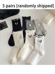 جوارب نسائية، قابلة للتنفس ومريحة، خصر متوسط مزين بالدانتيل الحلو، حواف مكسرة عصرية، تطريز بزهور صغيرة، بتصميم ياباني طويل للركبة مناسب للخريف والشتاء، جوارب نسائية طويلة