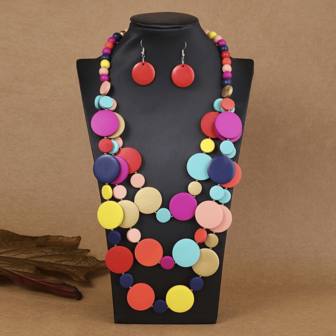 1 Set Handmade Multilayer Exaggerated Wooden Bead Necklace, Boho Style Bib Necklace For Women, Suitable For Beach, Party, Middle East Formal Occasions, Beautiful Jewelry Necklace & Earrings