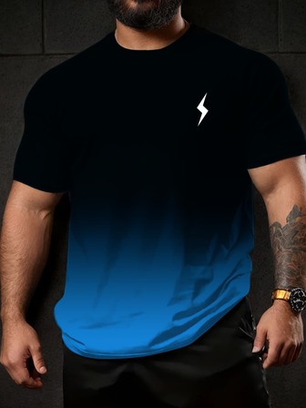 男士户外运动健身渐变闪电印花短袖T恤跑步篮球夏季训练上衣健身房基础款T恤百搭舒适T恤夏春季运动风服装