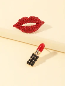 1对女士时尚不对称唇形水钻耳环，适合度假、休闲和日常佩戴 - 口紅耳釘 - 查看 3
