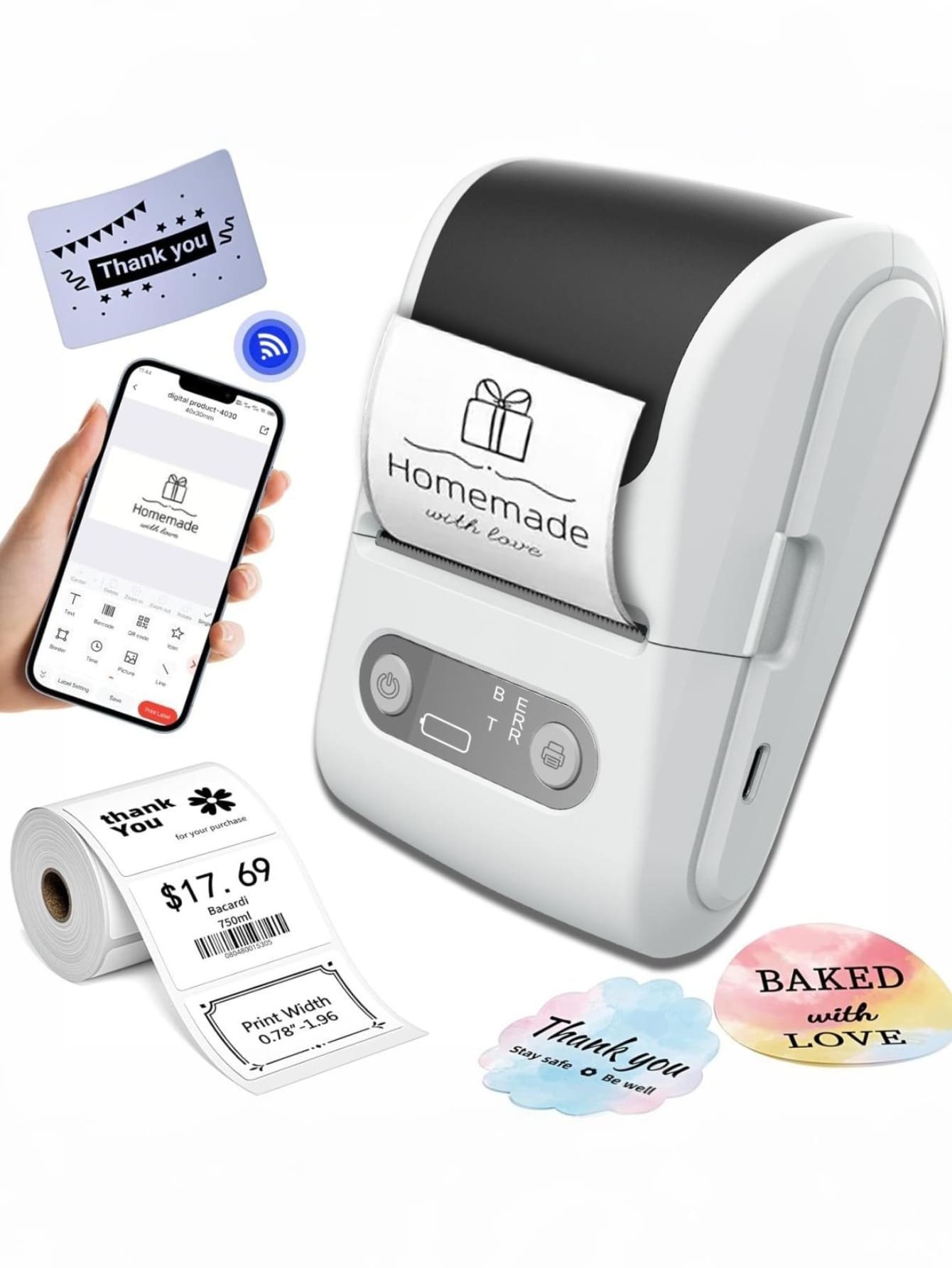 1pc Portable Mini Thermal Label Printer, Household Bluetooth Handheld Receipt Barcode Printer, Compatible With 12-57mm/0.47-2.24in Thermal Labels, Ink-Free Printing, Create Labels Anytime, Thoughtful Gift For Family And Friends On Christmas, Birthday, New Year - Multicolor - View 1