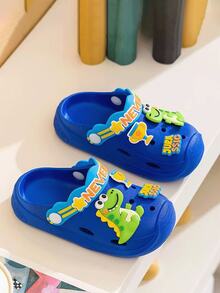 Toddler/Kids Summer Garden Clogs, Unisex Cartoon Dinosaur Thick Sole Slip-On Sandals, Non-Slip Soft Bottom Shoes For Boys & Girls Aged 1-8, Waterproof Round Toe Nursery Slippers - Blue - View 5
