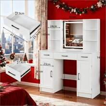 Makeup Desk Large Dressing Table LED Mirror 3 Drawers 2 Cabinets & Stool Vanity - White - View 6