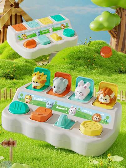 Kurragömma-knapplåda med djur- och föremålssensorer - slitstark ABS-harts för tidig inlärning, förbättrar finmotoriken och hand-öga-koordinationen, småbarnsleksak