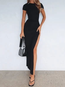 Autumn Solid Color Basic High Slit Short Sleeve Dress, Elegant Casual Everyday Dress - Black - View 12