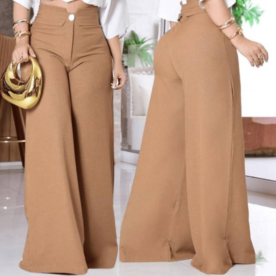 Women's Linen Palazzo Pants With Button And Front Zipper - Elegance And Comfort - Linen - Button And Zipper - Pants - Evening, Holiday, Daily, Formal And Night Office - ALL - 卡其色 - 查看 1