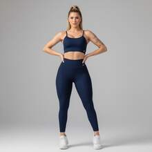Micro Ribbed Fitness Set For Gym And Sports, Premium Polyamide Fabric, Leggings And Top - 藏蓝色 - 查看 1