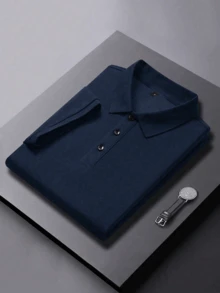 FRACTYR 男士基础款时尚简约纯色撞色领 Polo 衫，适合叠穿或单穿 - 藏蓝色 - 查看 6