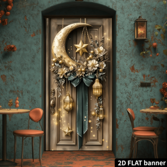 2D Door Flag, 2D Door Flag Party Banner Made Of Fine Polyester, Featuring Ramadan Golden Lantern Design, With 4 Holes For Easy Hanging, Suitable For Indoor And Outdoor Decoration At The Entrance Of The Yard.