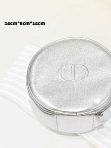 Túi đựng mỹ phẩm tròn khóa kéo màu bạc tối giản Dior - Bạc - Xem 2
