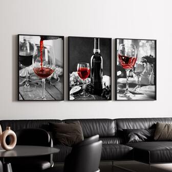 3件套无框现代葡萄酒杯图案帆布海报，红酒主题墙饰，黑白墙面装饰，美观的房间装饰，艺术墙画礼品，适用于餐厅、厨房、客厅、走廊等场所的墙面装饰画