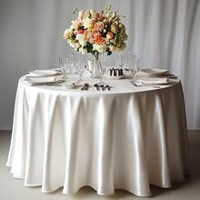 1pc White Round Satin Tablecloth, Elegant Wedding Tablecloth, Ruffled Edge Design, Diameter 145/180/200/228cm, Suitable For Wedding And Formal Dining Tables, Easy Care Polyester Material - White - View 5