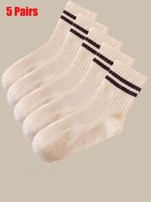 2/5 Pairs Women Slim Striped Mid-Calf Socks - Beige And Brown Striped Pattern, Suitable For Autumn/Winter, Machine Washable, Suitable For Casual And Formal Wear, Cute Socks, Casual Outfit, Fashionable Socks, Comfortable Style, Fashion Enthusiasts, Daily Socks, Fashionable Socks, Durable Material, Fashionable Women, Thick Socks, Fashion Buyers, Formal Wear, Fashionable Stripes, Outdoor Enthusiasts, Striped Pattern, Couple Socks