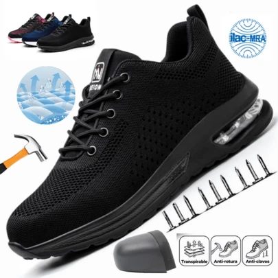 Zapatos de trabajo Para Hombre Punta de Acero, A Prueba de Golpes y Perforaciones, Durabilidad para Todas las Estaciones, Suela de Goma Cómoda, Cordones, Ideales para Sitios de Construcción, Obras Civiles, Talleres Mecánicos, Instalaciones Industriales, Zonas de Maniobra y Operaciones al Aire Libre,Tenis De Hombre