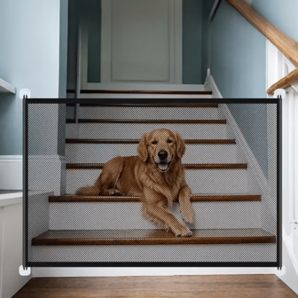 Puerta de plegable para mascotas, adecuada para gatos y perros - Instalación sin taladrar, con ganchos, altura ajustable, barrera de malla resistente, diseño portátil y ligero para el hogar, escaleras y puertas, valla para mascotas interior/exterior duradera, ganchos reforzados, ideal para propietarios de gatos y perros