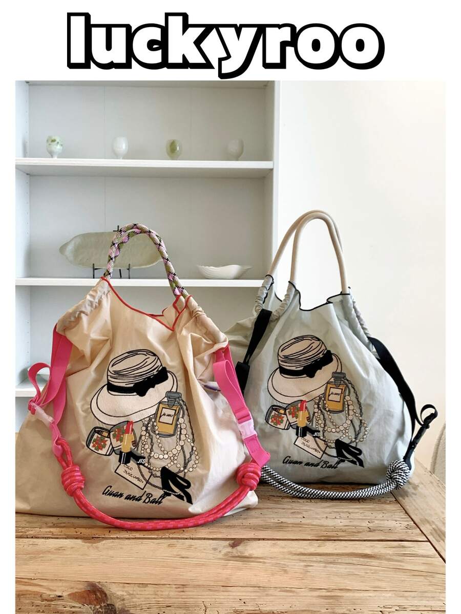 New Women's Tote Bag With Embroidered Fashion Pattern, Large Capacity Shoulder Bag With Adjustable Strap, Lightweight And Foldable Shopping Bag Suitable For Office, Commuting, Outdoor, Sports, Party, Surprise Gift, Big Capacity Handbag, Commuter Bag, Ladies Purse