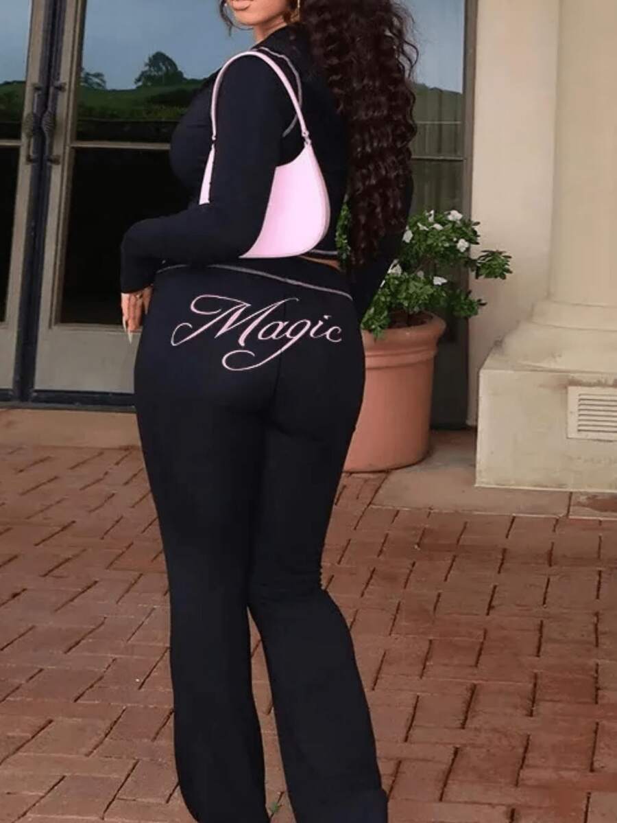 Fall Street Lounge 女士情人节印花拉链上衣和裤子套装，长袖休闲两件套，黑色，春季款 - 黑色 - 查看 1