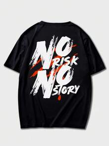 男士休闲百搭简约美式街头标语“NO RISK NO STORY”印花短袖T恤 - 黑色 - 查看 6