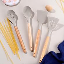 2 件装硅胶烹饪铲，耐热实心铲，带木柄不粘开槽铲，煎炸、烘焙翻转厨房用具套装（白色） - 白色 - 查看 2