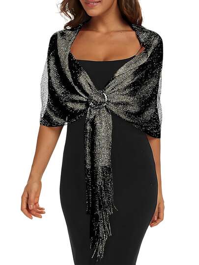 1 pieza Chal plano con hilo plateado brillante con broche, adecuado para novias, bailes formales, ceremonias de graduación, accesorio para vestido formal