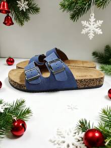 Sandalias de suela blanda con doble hebilla, estilo de vacaciones de moda. Pantuflas tipo mula cómodas y versátiles para deslizar. Zapatos de otoño, adecuados para el hogar, citas, compras, viajes, fiestas, vacaciones en la playa, Navidad.