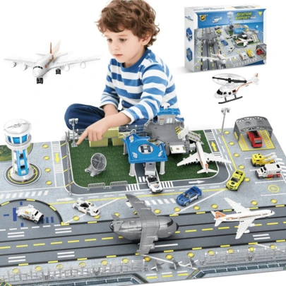 Airport Playset, Includes Game Map, Control Tower, Radar, Containers, Hangar, Transport Plane, Passenger Jet, Vehicles. STEM Educational Toy And Birthday/Christmas/New Year Gift For Children Aged 3-12