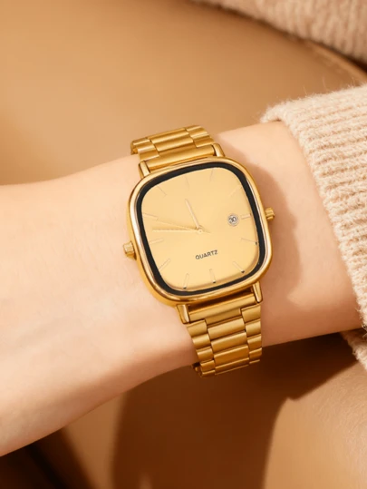 1pc Women's Gold Metal Strap Quartz Watch, Retro Square Calendar Dial, Fashionable Luxury Elegant Commuter Versatile Daily Decorative Wristwatch, Suitable For Women's Daily Wear Or Gift Giving, Christmas, Valentine's Day, Ramadan, Eid, Carnival, Chinese New Year