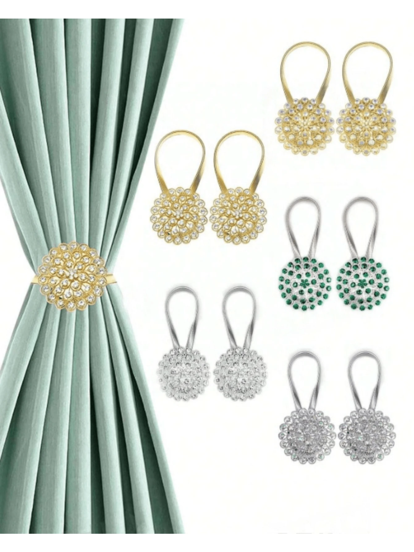 1/2个磁性水晶花窗帘挂钩，无需钻孔，高弹钢丝窗帘挂钩，适用于室内装饰 - 彩色 - 查看 1