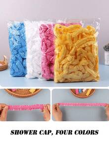 50/100 chiếc Mũ tắm dùng một lần, Mũ trùm tóc bằng nhựa trong suốt, Mũ tắm chống thấm nước dành cho nữ, Phụ kiện thiết yếu khi đi du lịch khách sạn, Sản phẩm dưỡng và làm sạch sâu, Trang trí phòng tắm gia đình, Trang trí mùa thu, Mùa tựu trường - Hồng - Xem 4