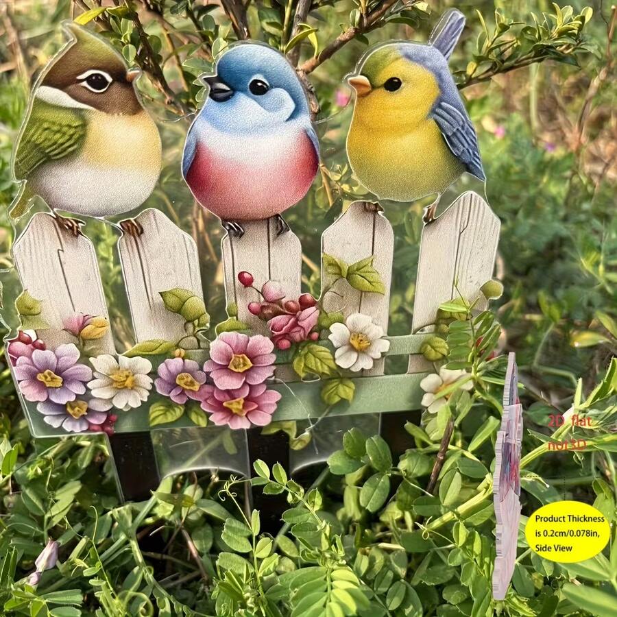 [Decoración de jardín bohemio] Multiusos, resistente a la intemperie, decoración de jardín con 3 pájaros, estilo bohemio, letrero acrílico, arte de jardín con temática animal, letrero decorativo para macetas y jardín al aire libre - Multicolor - Ver 1