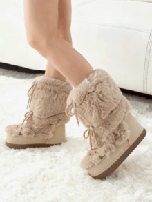 Women's Faux Fur Boots  Fuzzy Fluffy Furry Snow Boots Round Toe With Lace-Up Design Cute Warm Suitable For Christmas Halloween And Winter - 杏色 - 查看 6