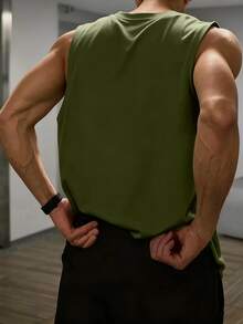 Men's Casual Letter Print Tank Top, Summer - Army Green - View 2