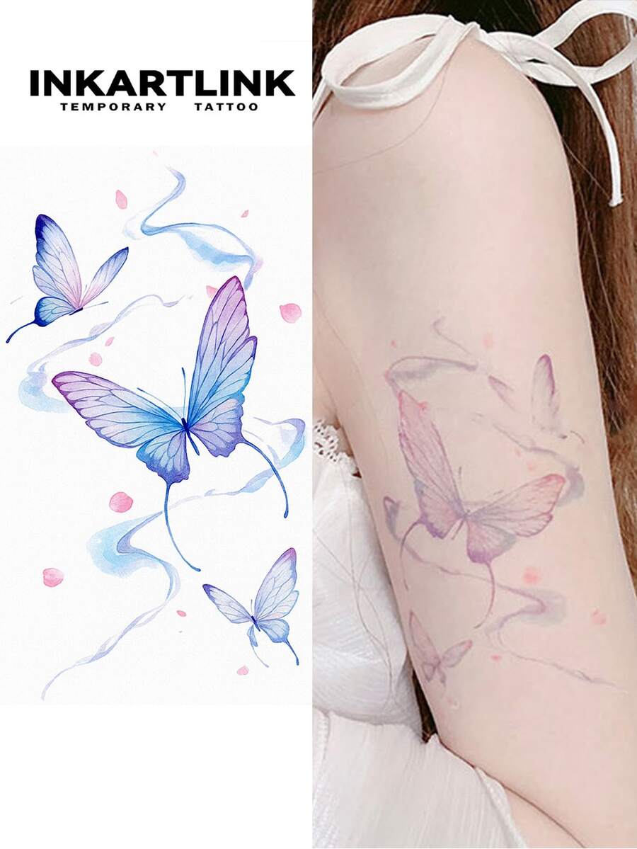 INKARTLINK INKARTINK 梦幻蓝紫色蝴蝶水彩纹身贴纸，逼真仿真临时纹身，防水2-5天，小众设计装饰贴纸