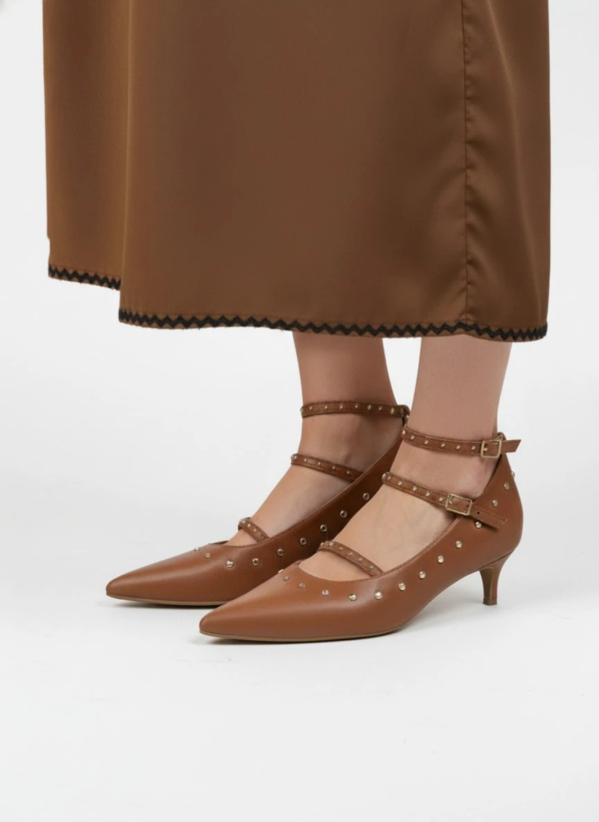 Women's Studded Strappy Low Heel Shoes, Pointed Toe Stiletto Heels, Double Buckle Ankle Strap Heels