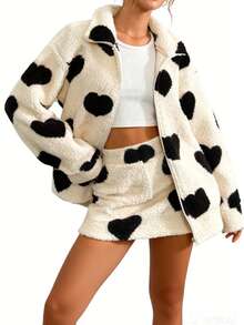 Women's Valentine's Day Heart Jacket Casual Long Sleeve Zip Up Loose Fuzzy Coat - màu đen - Xem 3