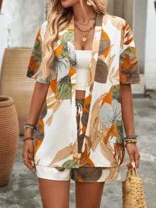 欧美新款春夏时尚树叶印花短袖开衫搭配抽绳短裤，优雅度假休闲套装