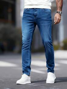 DG XUNLIN MODA 2025Ropa masculina de Nueva calidad, pantalones vaqueros de Negocios de tubo elástico, ropa masculina, azul oscuro lavado con agua, azul medio, azul claro, tubo  de cintura media casual, artesanía de corte de cuchillo, viajes de Negocios diarios, reuniones, viajes necesarios, se puede usar en todas las estaciones - Azul - Ver 2